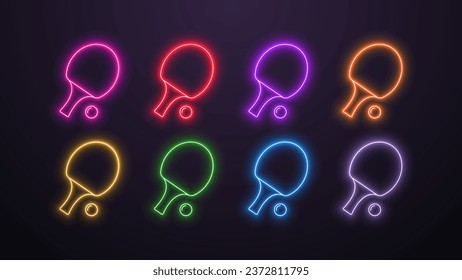 A set of 8 neon glowing LED lamp icons with rackets and a ping pong ball in different colors white, orange, blue, yellow, green, red, purple and pink on a dark background. Logo for sports.