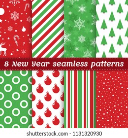 Set of 8 New Year seamless patterns in green and red colors