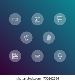 Set Of 8 Office Outline Icons Set.Collection Of Desk, Table Lamp, Calendar And Other Elements.