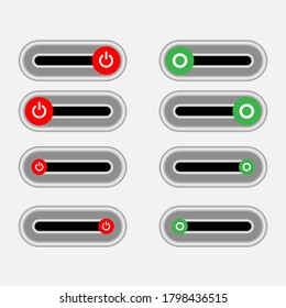 Set of 8 On Off slider style power buttons with grey background, The Off buttons are enclosed in red circle and the on buttons in green circle,