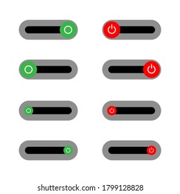 Set of 8 On Off slider style power buttons. The Off buttons are enclosed in a red circle and the on buttons in a green circle, with a slider changing from red to green.
