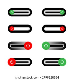 Set of 8 On Off slider style power buttons with a silver background. The Off buttons are enclosed in a red circle and the on buttons in a green circle, with a slider changing from red to green.