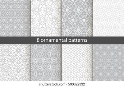 Set of 8 oriental patterns. White and gray background with Arabic ornaments. Patterns, backgrounds and wallpapers for your design. Textile ornament. Vector illustration.