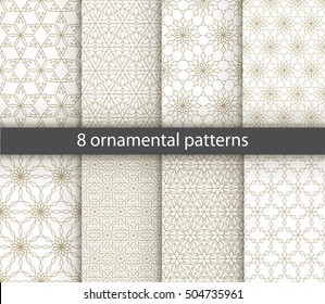 Set of 8 oriental patterns. White and gold background with Arabic ornaments. Patterns, backgrounds and wallpapers for your design. Textile ornament. Vector illustration.