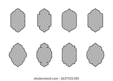 Set of 8 ornate Islamic window frame designs with intricate geometric patterns, ideal for traditional decor, invitations, or architectural elements.