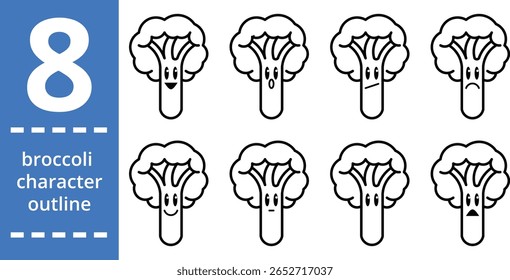 Um conjunto de 8 personagens de brócolis com diferentes expressões faciais, perfeito para materiais educacionais, ilustrações infantis, gráficos de emoção ou projetos com temas de alimentos saudáveis.