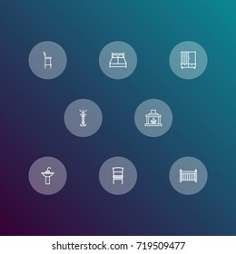 Set Of 8 Set Outline Icons Set.Collection Of Crib, Bar Stool, Hall Tree And Other Elements.