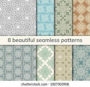 Set of 8 patterns. Collection arabic, indian, japanese, islamic motifs. Mandala seamless pattern. Ethnic bohemian background. Wrapping and scrapbook paper. Abstract flower. Vector illustration