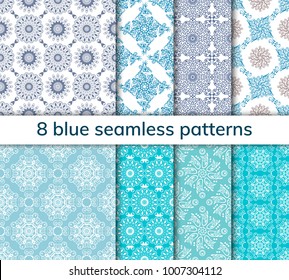 Set of 8 patterns. Collection arabic, indian, japanese, islamic motifs. Mandala seamless pattern. Ethnic bohemian background. Wrapping and scrapbook paper. Abstract flower. Vector illustration