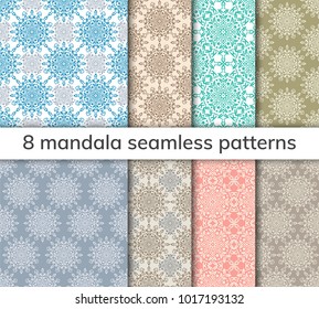 Set of 8 patterns. Collection arabic, indian, japanese, islamic motifs. Mandala seamless pattern. Ethnic bohemian background. Wrapping and scrapbook paper. Abstract flower. Vector illustration