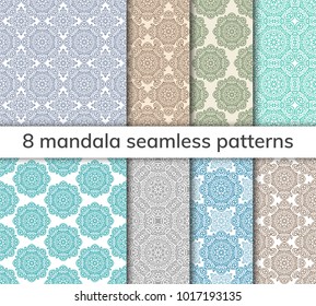 Set of 8 patterns. Collection arabic, indian, japanese, islamic motifs. Mandala seamless pattern. Ethnic bohemian background. Wrapping and scrapbook paper. Abstract flower. Vector illustration