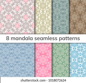 Set of 8 patterns. Collection arabic, indian, japanese, islamic motifs. Mandala seamless pattern. Ethnic bohemian background. Wrapping and scrapbook paper. Abstract flower. Vector illustration