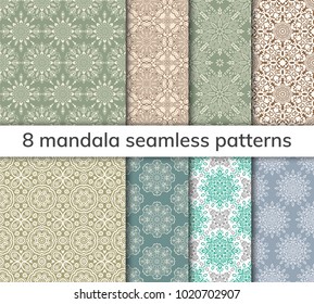 Set of 8 patterns. Collection arabic, indian, japanese, islamic motifs. Mandala seamless pattern. Ethnic bohemian background. Wrapping and scrapbook paper. Abstract flower. Vector illustration