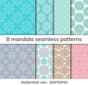Set of 8 patterns. Collection arabic, indian, japanese, islamic motifs. Mandala seamless pattern. Ethnic bohemian background. Wrapping and scrapbook paper. Abstract flower. Vector illustration