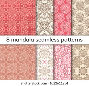 Set of 8 patterns. Collection arabic, indian, japanese, islamic motifs. Mandala seamless pattern. Ethnic bohemian background. Wrapping and scrapbook paper. Abstract flower. Vector illustration