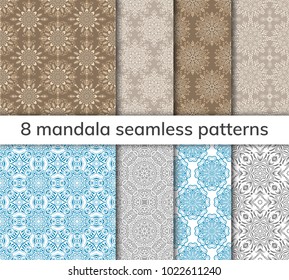 Set of 8 patterns. Collection arabic, indian, japanese, islamic motifs. Mandala seamless pattern. Ethnic bohemian background. Wrapping and scrapbook paper. Abstract flower. Vector illustration