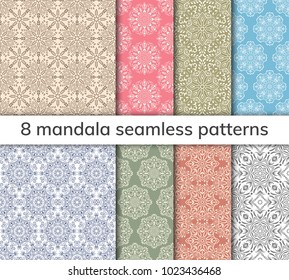 Set of 8 patterns. Collection arabic, indian, japanese, islamic motifs. Mandala seamless pattern. Ethnic bohemian background. Wrapping and scrapbook paper. Abstract flower. Vector illustration