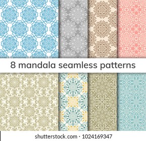 Set of 8 patterns. Collection arabic, indian, japanese, islamic motifs. Mandala seamless pattern. Ethnic bohemian background. Wrapping and scrapbook paper. Abstract flower. Vector illustration