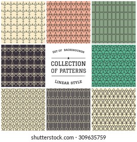 Set of 8 Patterns, delicate geometric ornaments and backgrounds. 8 different colored patterns can be used for wallpaper, pattern fills, web page, background, surface
