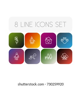 Set Of 8 People Outline Icons Set.Collection Of Parents, Crawling Kid, Diaper And Other Elements.