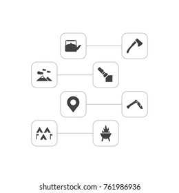 Set Of 8 Picnic Icons Set.Collection Of Location, Bbq, Wood Axe And Other Elements.