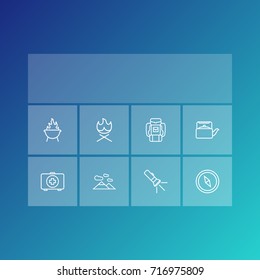Set Of 8 Picnic Outline Icons Set.Collection Of Grill, Mountains, Teapot And Other Elements.