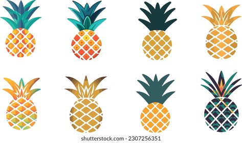 set of 8 pineapple vector icon colorful flat design 
