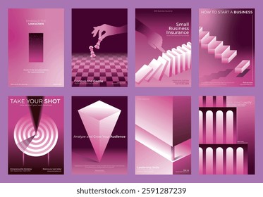 Set of 8 pink business posters with abstract designs. Themes include strategy, growth, leadership, and innovation. Modern, creative, and dynamic visuals. Innovative business poster collection.