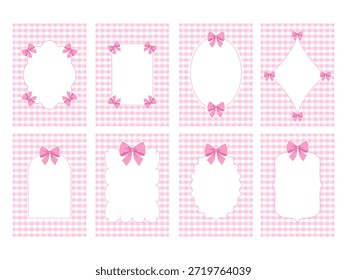 Set mit 8 rosa Gingham-Kartenvorlagen mit weißen Rahmen und Bögen. Perfekt für Baby-Dusche Einladungen, Kinderzimmer Dekor, oder niedliche Grüße.