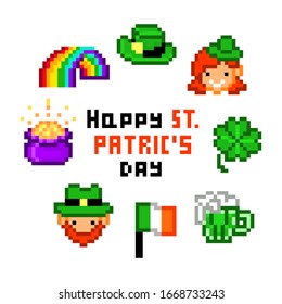 Set of 8 pixel art Saint Patrick's Day icons isolated on white background. Hat, rainbow, leprechaun man and woman, shamrock, Ireland flag, pot of gold. 8 bit retro slot machine/video game graphics.