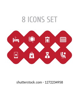 Set of 8 plane icons set. Collection of detector, pilot, passenger and other elements.