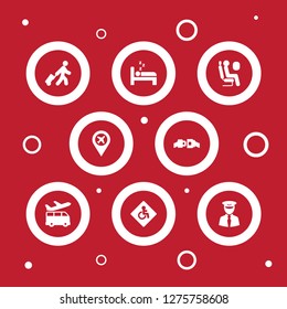 Set of 8 plane icons set. Collection of pin, bed, tourist and other elements.