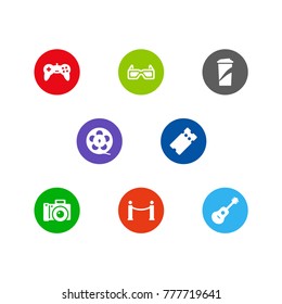 Set Of 8 Pleasure Icons Set.Collection Of Spectacles, Photography, Filmstrip And Other Elements.