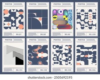 Conjunto de 8 postmodernos carteles geométricos con Formas abstractas y líneas dinámicas. Diseño de Vector minimalista. Perfecto para estampados modernos, fondos de Web y diseños de portadas.