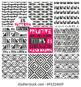 Set of 8 primitive geometric patterns collection. Includes 15 pattern brushes for Illustrator. Tribal seamless backgrounds with grunge texture. Modern trendy prints. Vector illustration. EPS10.