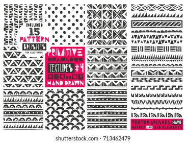 Set of 8 primitive geometric patterns collection. Includes 15 vector pattern brushes for Illustrator. Tribal seamless backgrounds with grunge texture. Modern trendy prints in linocut style. EPS10.