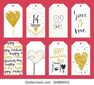  Conjunto de 8 etiquetas de vacaciones dibujadas a mano en blanco negro y oro. Día de San Valentín
