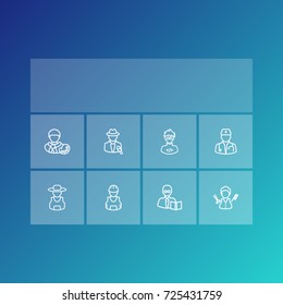 Set Of 8 Professions Outline Icons Set.Collection Of Farmer, Barber, Reporter And Other Elements.