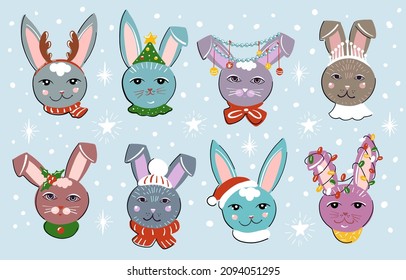 A set of 8 rabbits. Hares are dressed in carnival New Year costumes. Illustration in a simple children s style.