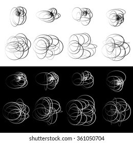 Set of 8 random circle elements in black and white. Abstract tangled shapes with circles and ovals