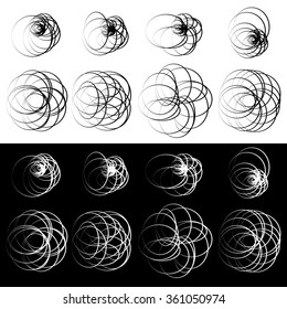 Set of 8 random circle elements in black and white. Abstract tangled shapes with circles and ovals