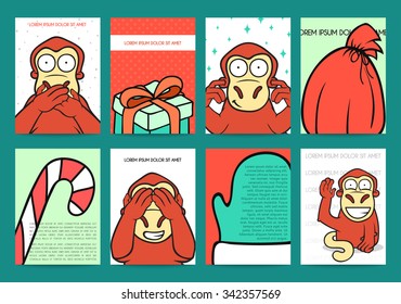 Set 8 ready holidays designs with red monkey for 2016. New Year's and Christmas design of congratulatory cards. Design for press. Greeting cards. Background with monkey in doodle style. Gift, candy