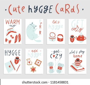 Set of 8 ready to use card ar posters with hygge attributes, home decorations. Vector illustrations. Red blue white