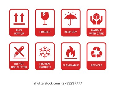 Set of 8 red packaging handling icons. Standard shipping symbols including Fragile, Keep Dry, and Handle with Care in flat vector style, perfect for logistics, box labels, and delivery stickers.