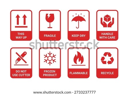 Set of 8 red packaging handling icons. Standard shipping symbols including Fragile, Keep Dry, and Handle with Care in flat vector style, perfect for logistics, box labels, and delivery stickers.