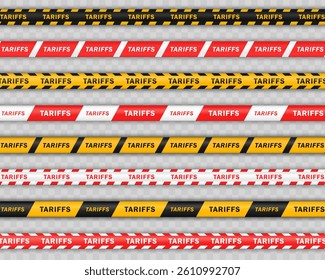 Set of 8 red and yellow striped tapes with TARIFFS text isolated on transparent background. Barrier ribbons, Barricade warning lines for geopolitical trade visuals and financial regulation designs.
