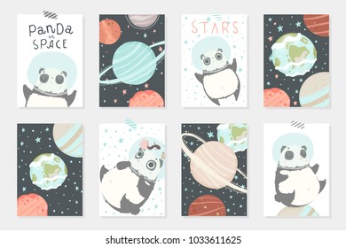 Set with 8 redy to use cards with cute pandas astronauts in helmets, planets, stars. Creative nursery background. Perfect for kids design, posters, cards, wallpaper