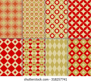 Set of 8 retro abstract seamless pattern in red and gold color design. Endless geometric texture collection for wallpaper, web page background, wrapping paper, card... vector art image illustration