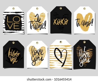 Set of 8 romantic labels. Handwritten lettering, doodles and hearts in black and gold colors with shadows on grey background. Vector Decorative tags for gift packaging, Valentines day or wedding