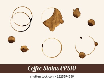 Set of 8 round ink coffee stains isolated on beige background. Vector set collection of circles, splashes and spot for logo design. Watercolor handdrawn glass marks and stains.